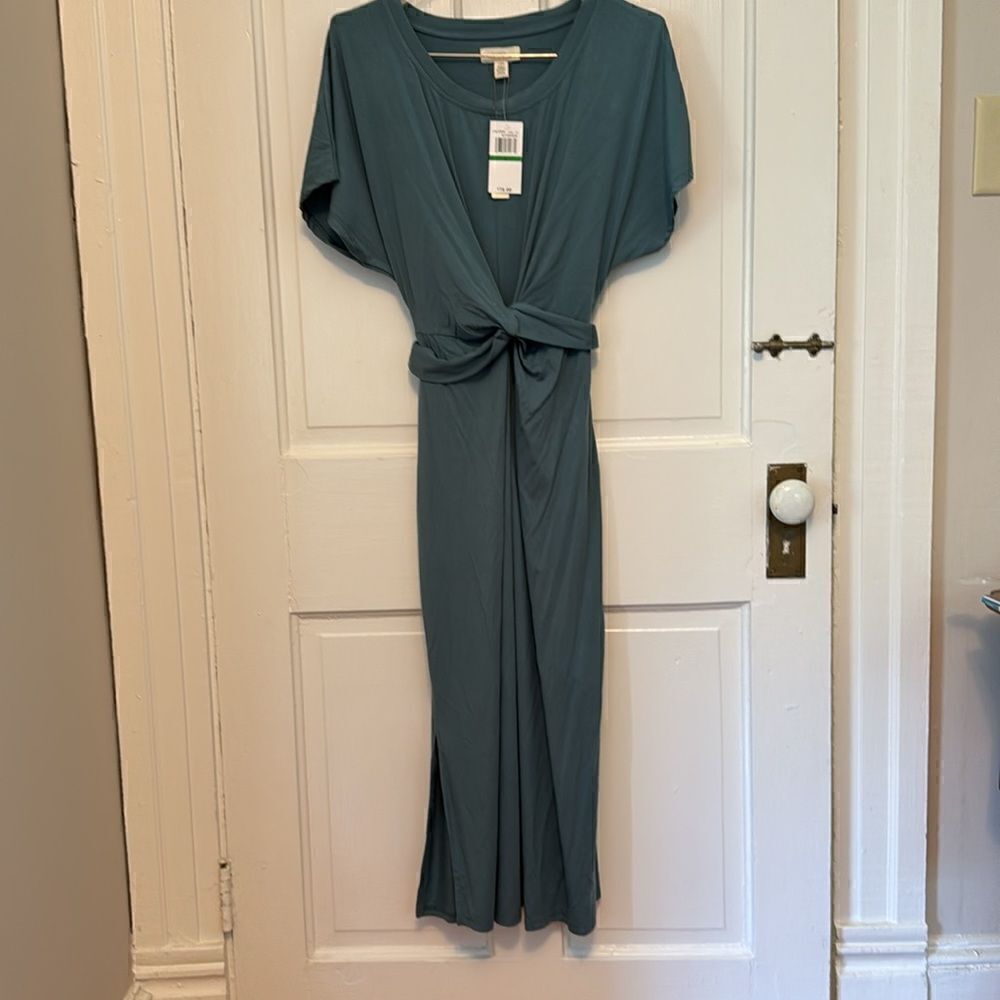 Cupio blue gray‎ cross front ruched midi knit dress NWT large